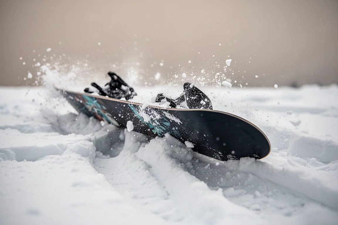 Nahaufnahme eines Snowboard-Belags, der über zerfahrenen Schnee gleitet