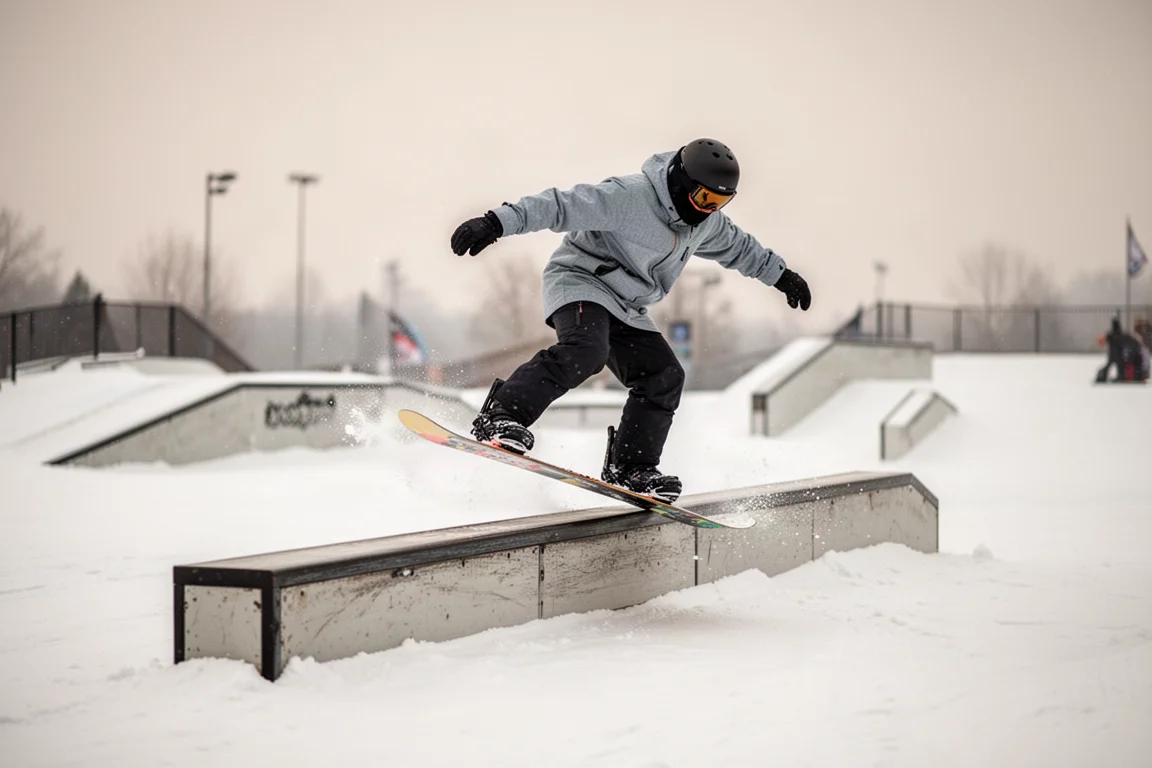 Snowboarder jibbt an einer niedrigen Rail im Terrainpark eines Skigebiets