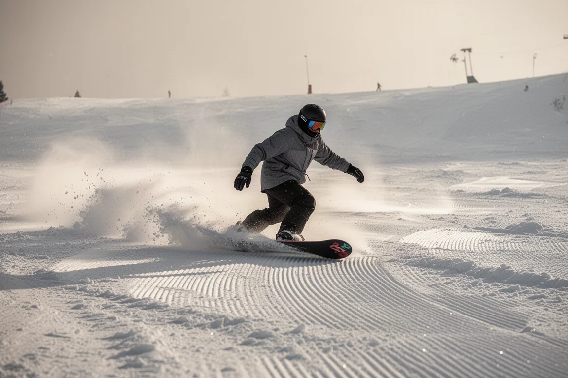 Snowboarder fährt durch frischen Schnee an einem Resort-Hang
