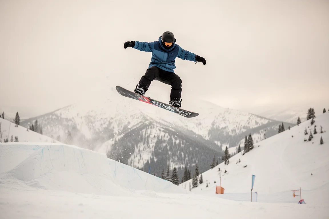 Snowboarder springt von einem Side Hit auf einer Bergabfahrt ab