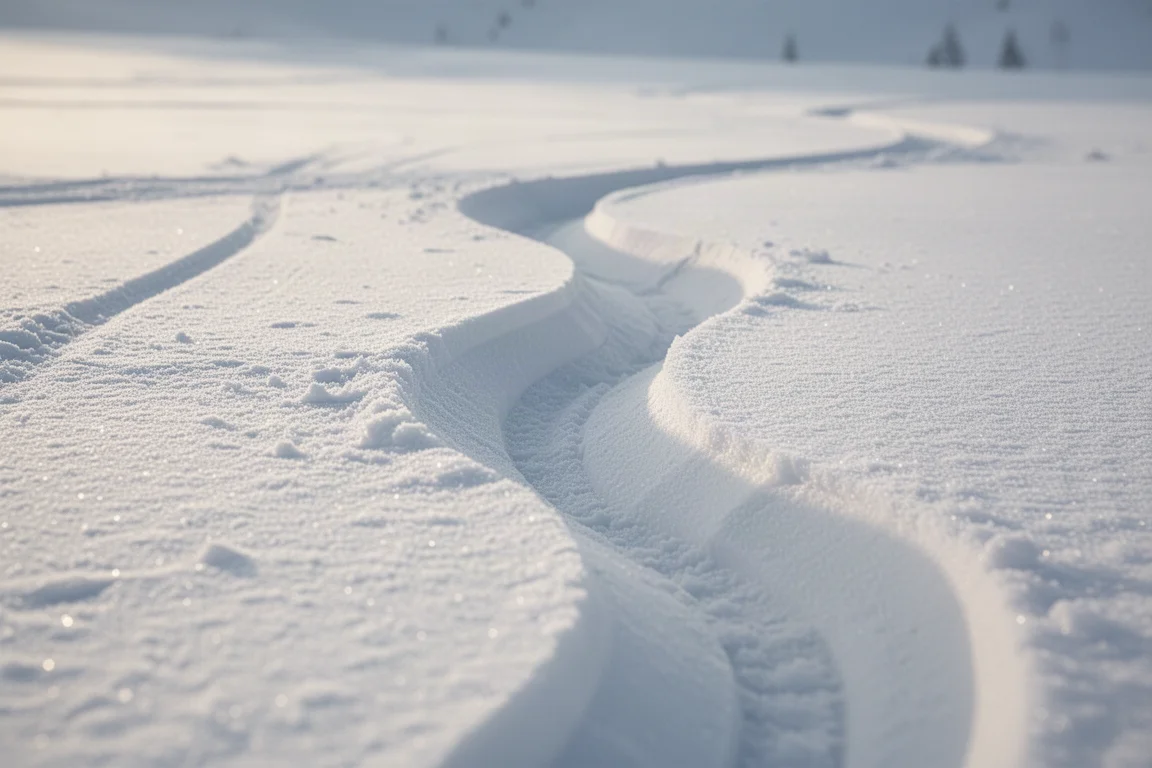 Tiefer Carving-Rillenriss im präparierten Pistenschnee