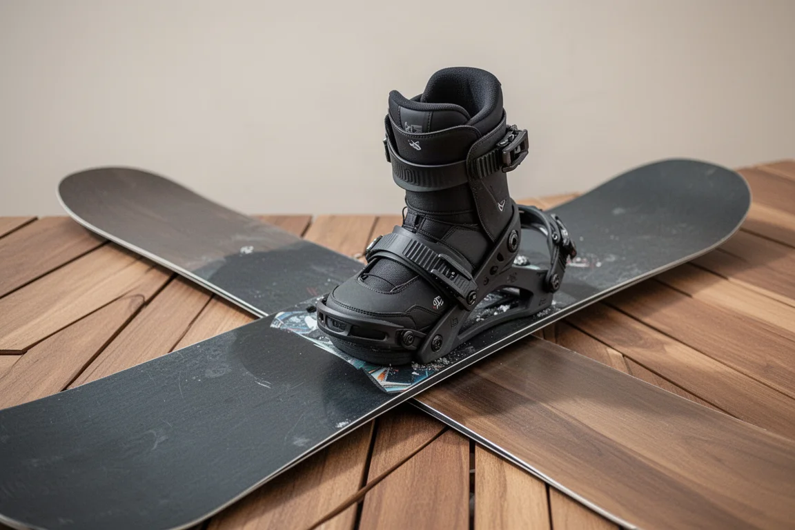 Snowboarder mit großen Füßen vergleicht Boot-Überstand auf einem breiten Board