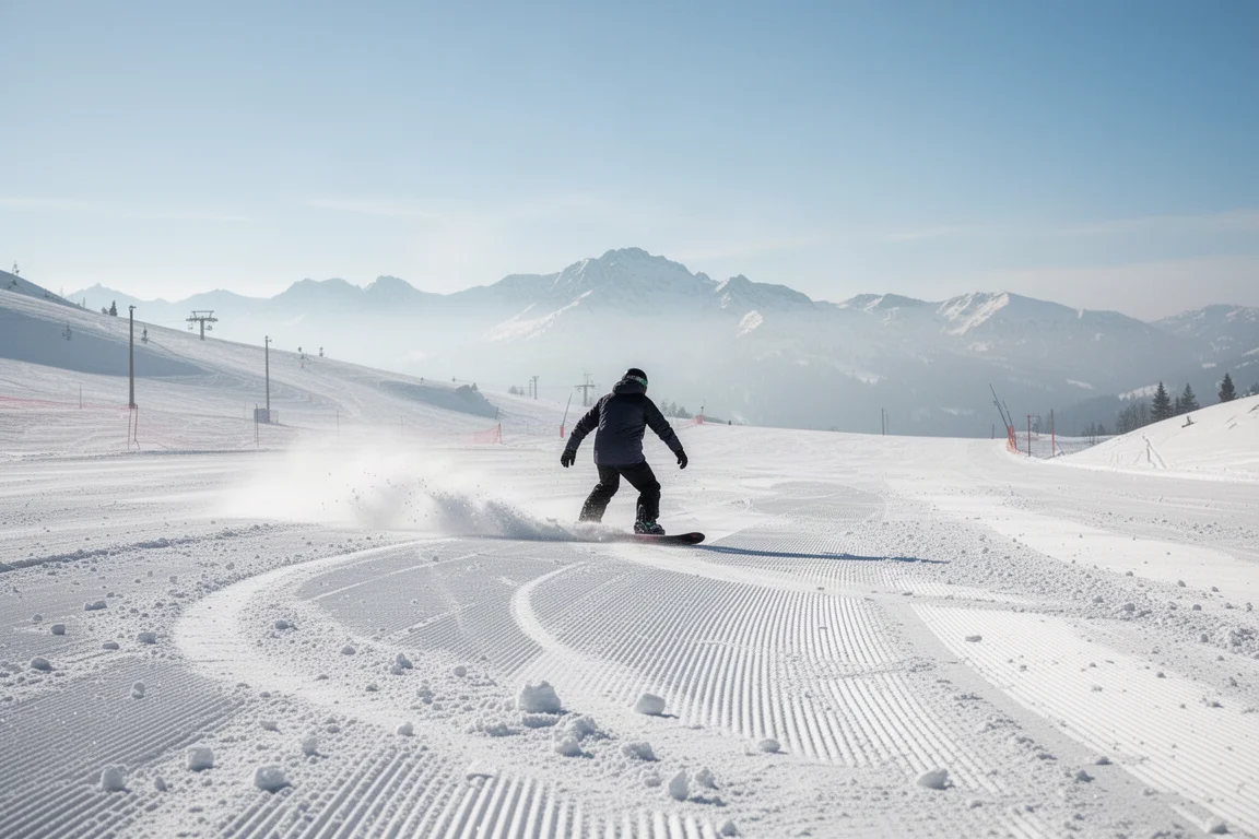Snowboarder che scia su neve primaverile mista in una pista battuta