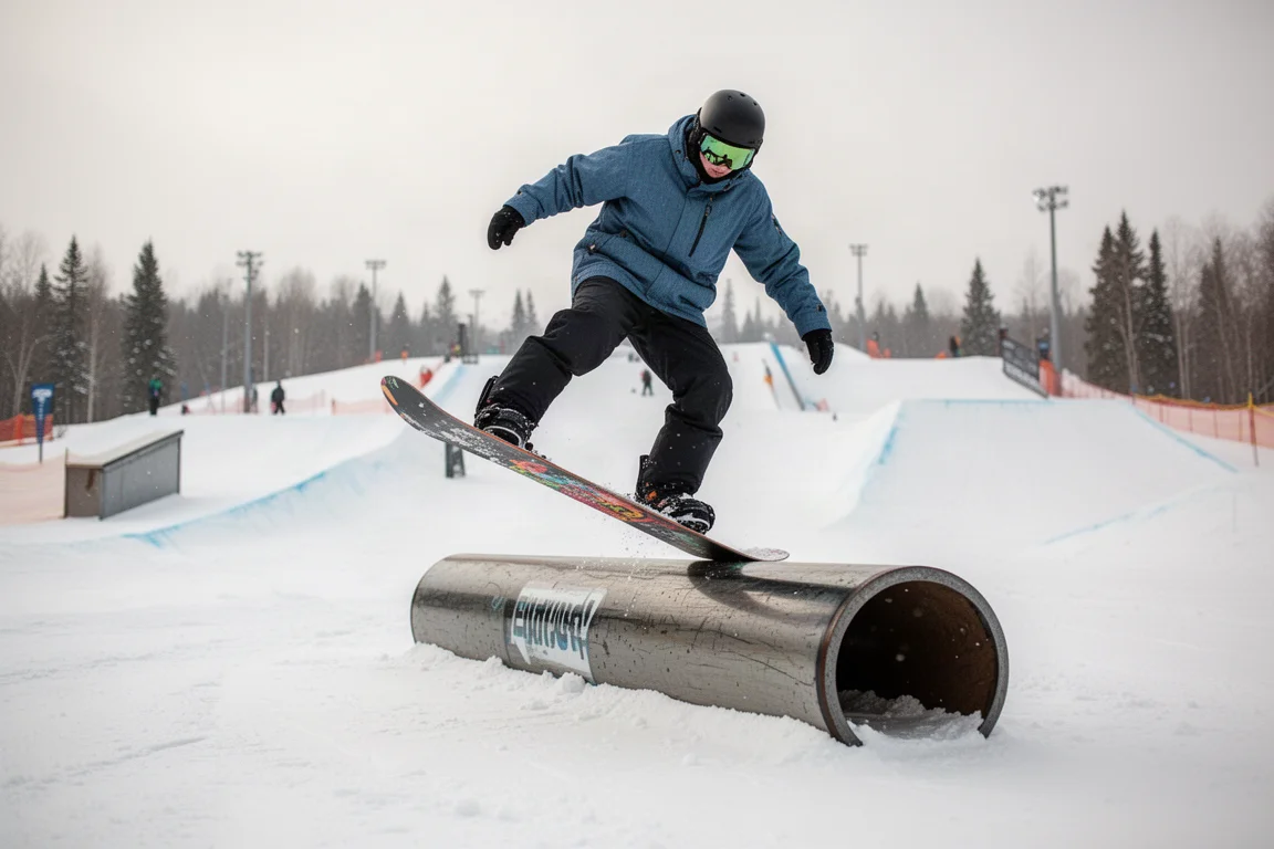 Snowboarder che fa pressing su un rail piatto in un terrain park