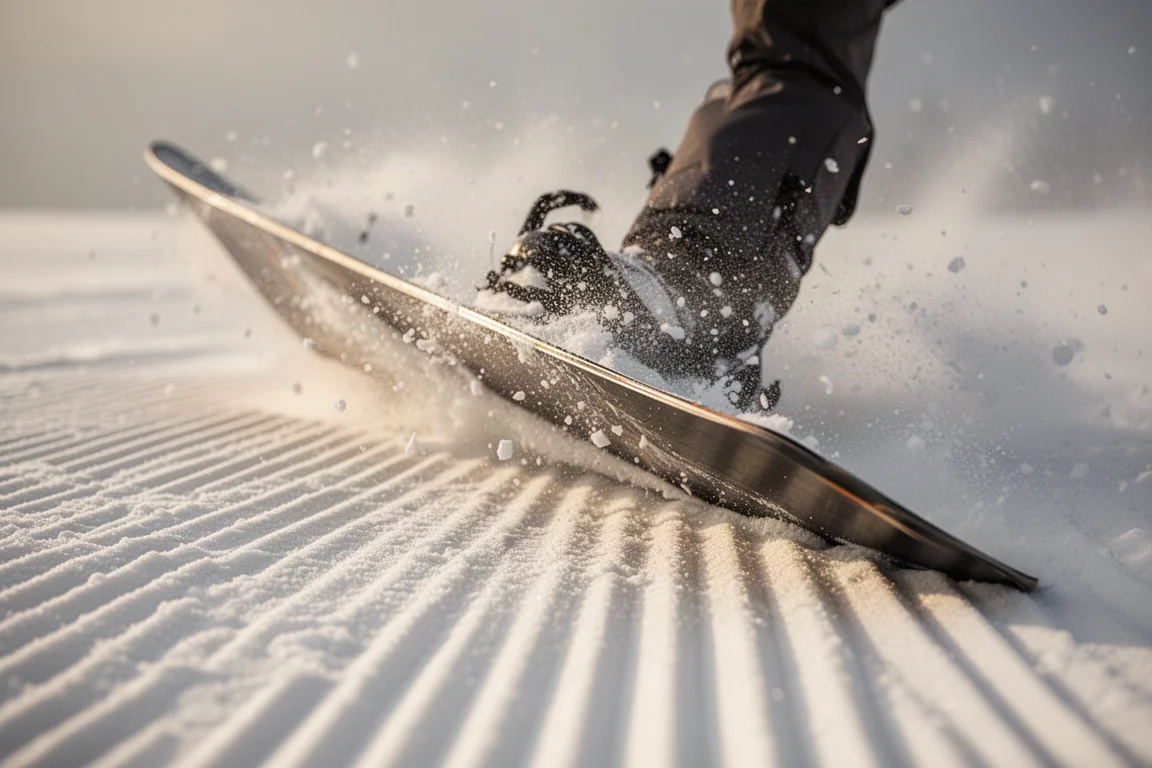 Primo piano del canto di uno snowboard che intaglia una pista battuta
