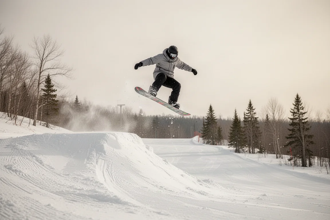 Snowboarder che salta un piccolo side hit su una pista battuta