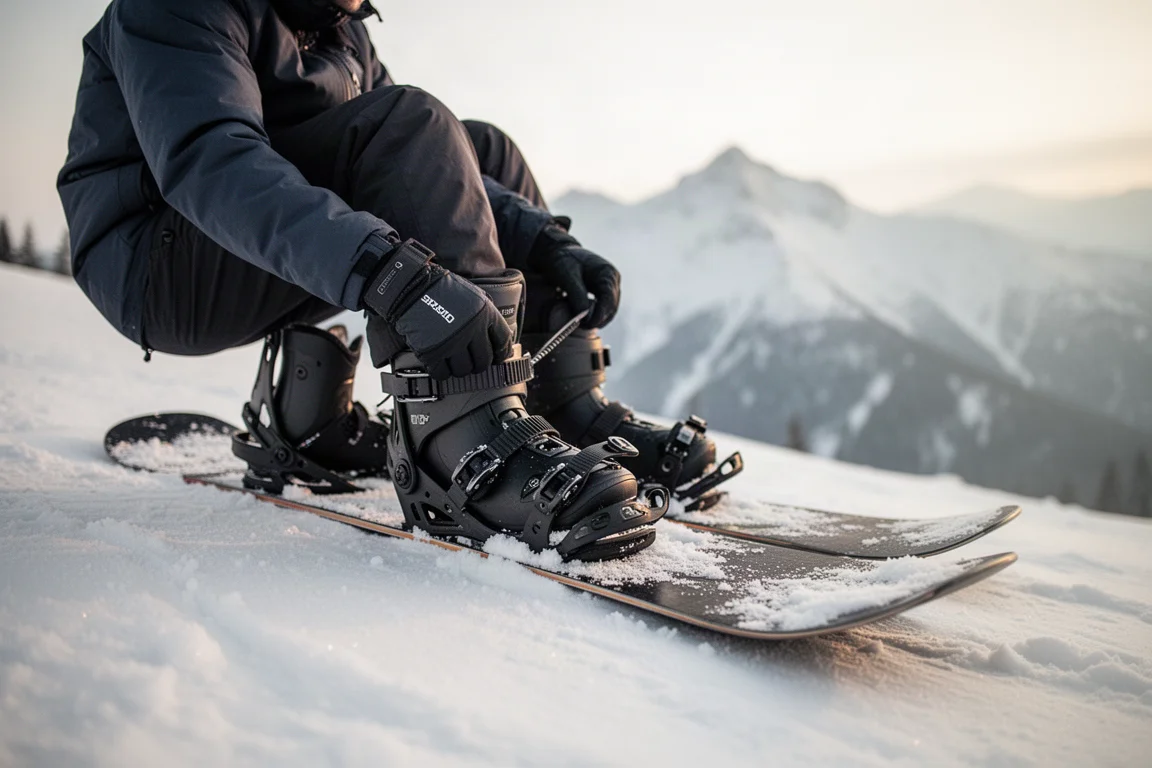 Snowboarder buckling into bindings on a snowy slope in soft morning light