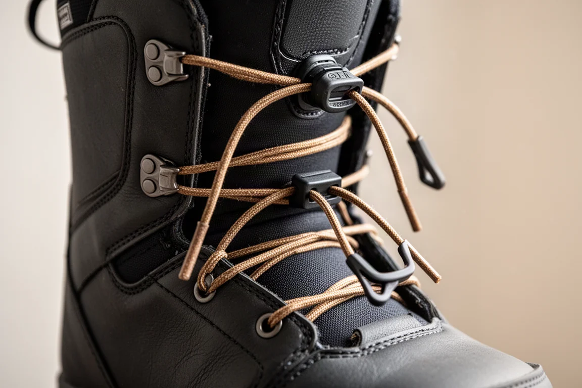 Close-up of waxed speed lacing handles on a snowboard boot