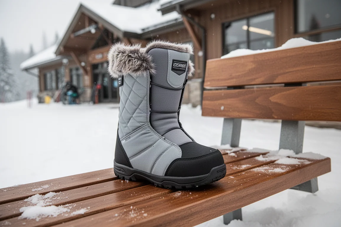 Snowboard boot liner resting on a wooden bench beside a lift lodge