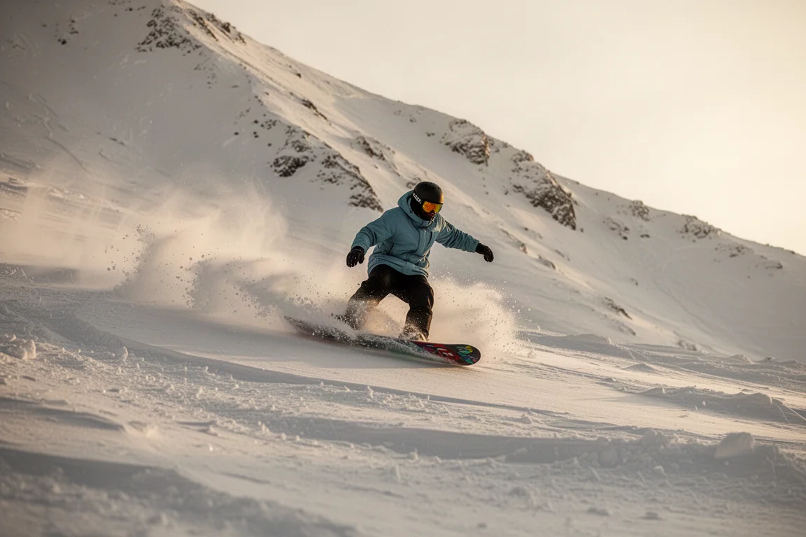 Snowboarder carving through variable terrain in mid-afternoon light