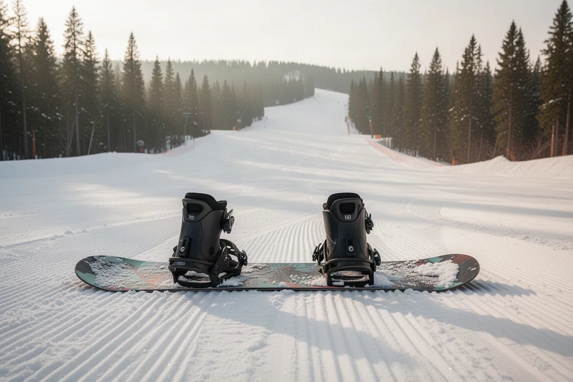 Snowboard boots locked into bindings at the top of a groomed run in morning light