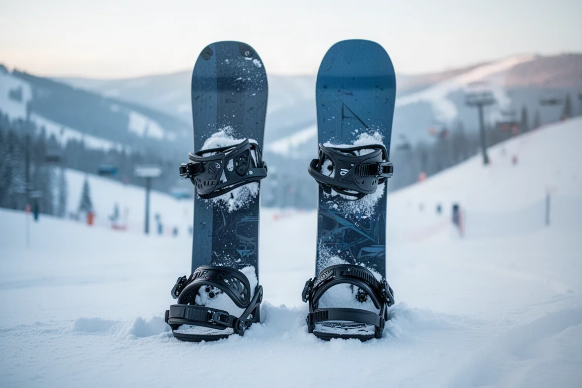 Pair of snowboard bindings standing upright in fresh powder with straps open
