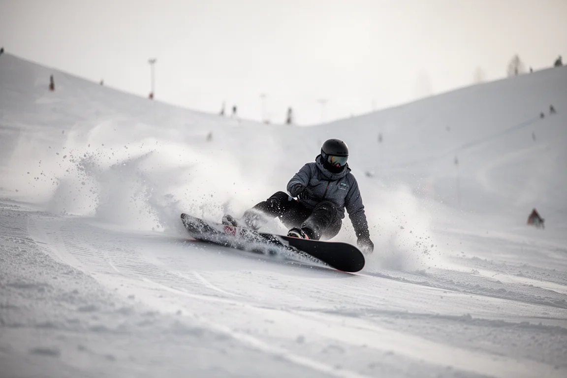 Low-angle shot of a snowboard carving a turn with snow spray from the edge