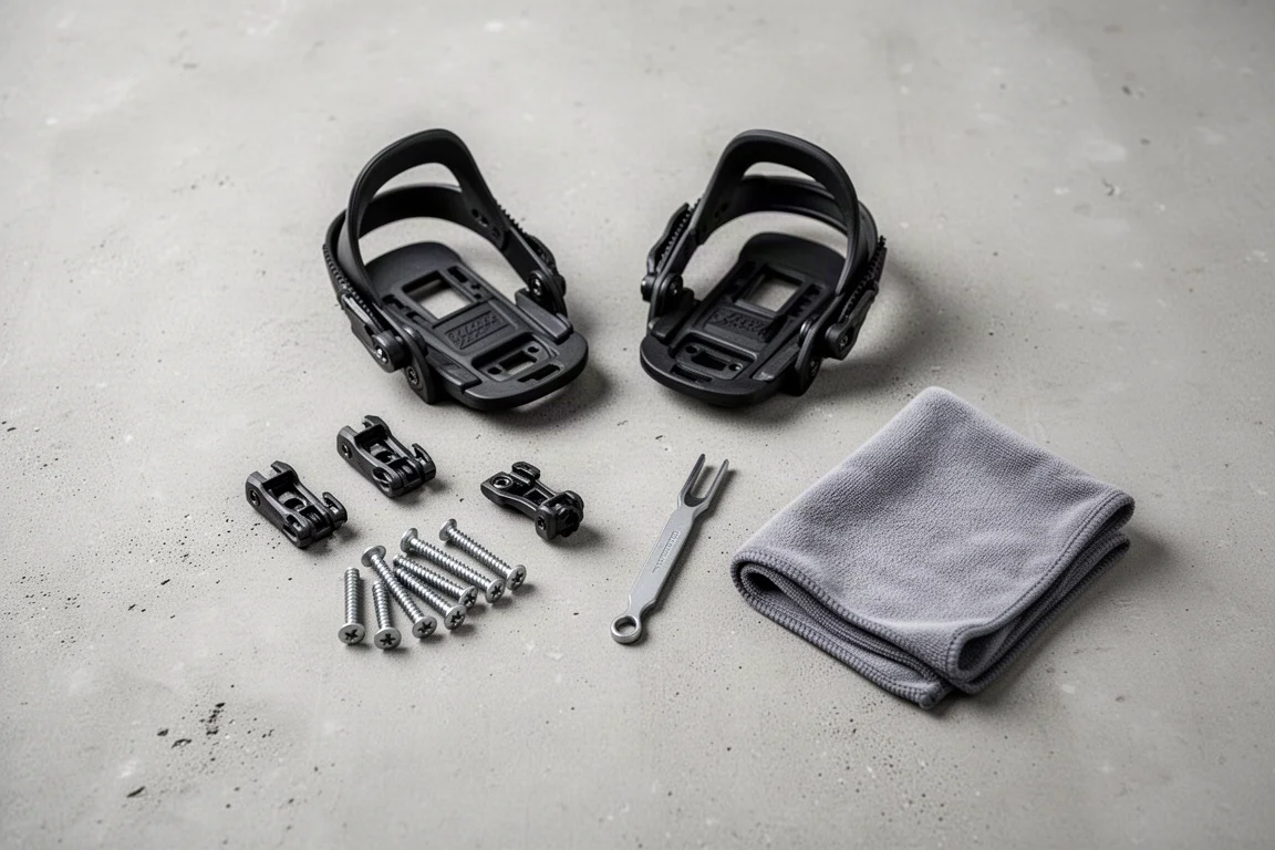 Overhead flat-lay of snowboard binding straps, screws and a small tool on concrete