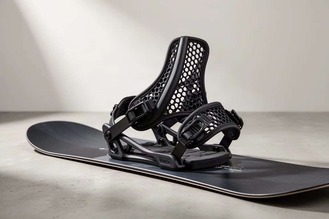 Snowboard binding heel strap with hexagonal lattice pattern on a dark board