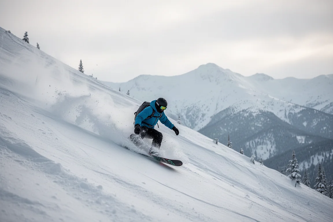 Snowboarder che scende una ripida linea in backcountry con luce morbida