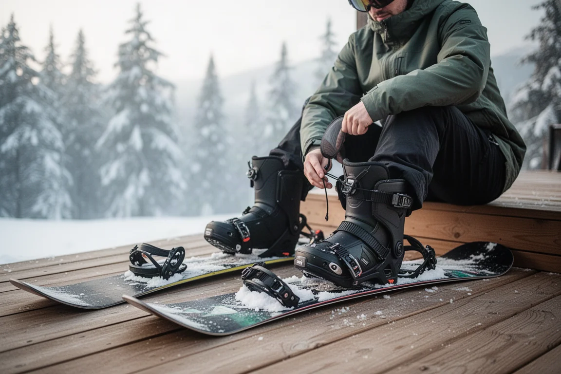Snowboarder che flette gli stivali sul deck di una stazione prima di una discesa