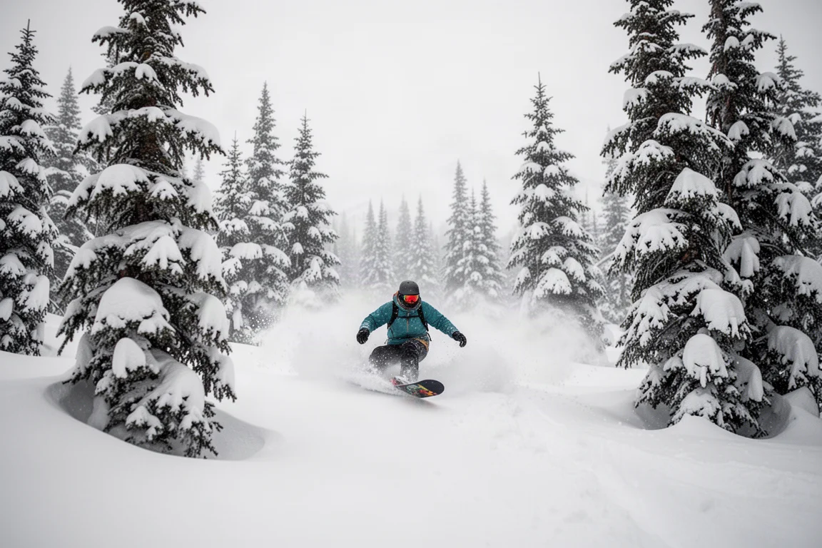 Snowboarder che scende nella neve fresca tra gli alberi