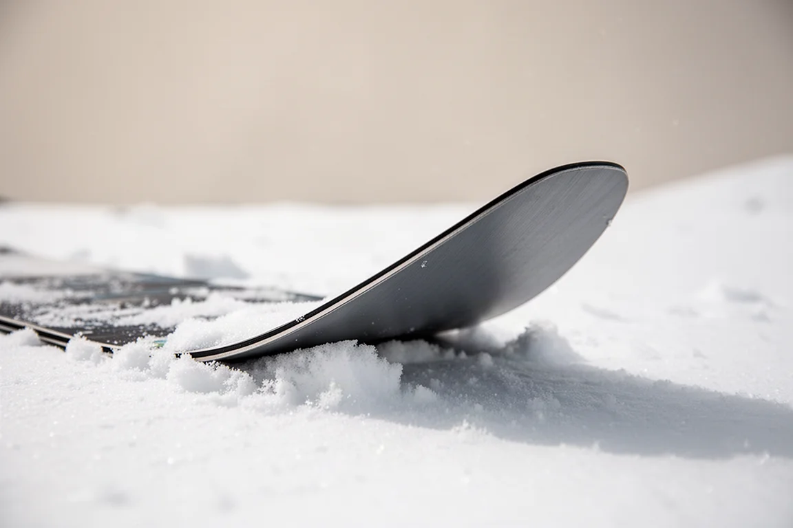 Primo piano della coda di uno snowboard nella neve profonda con la forma della pinna