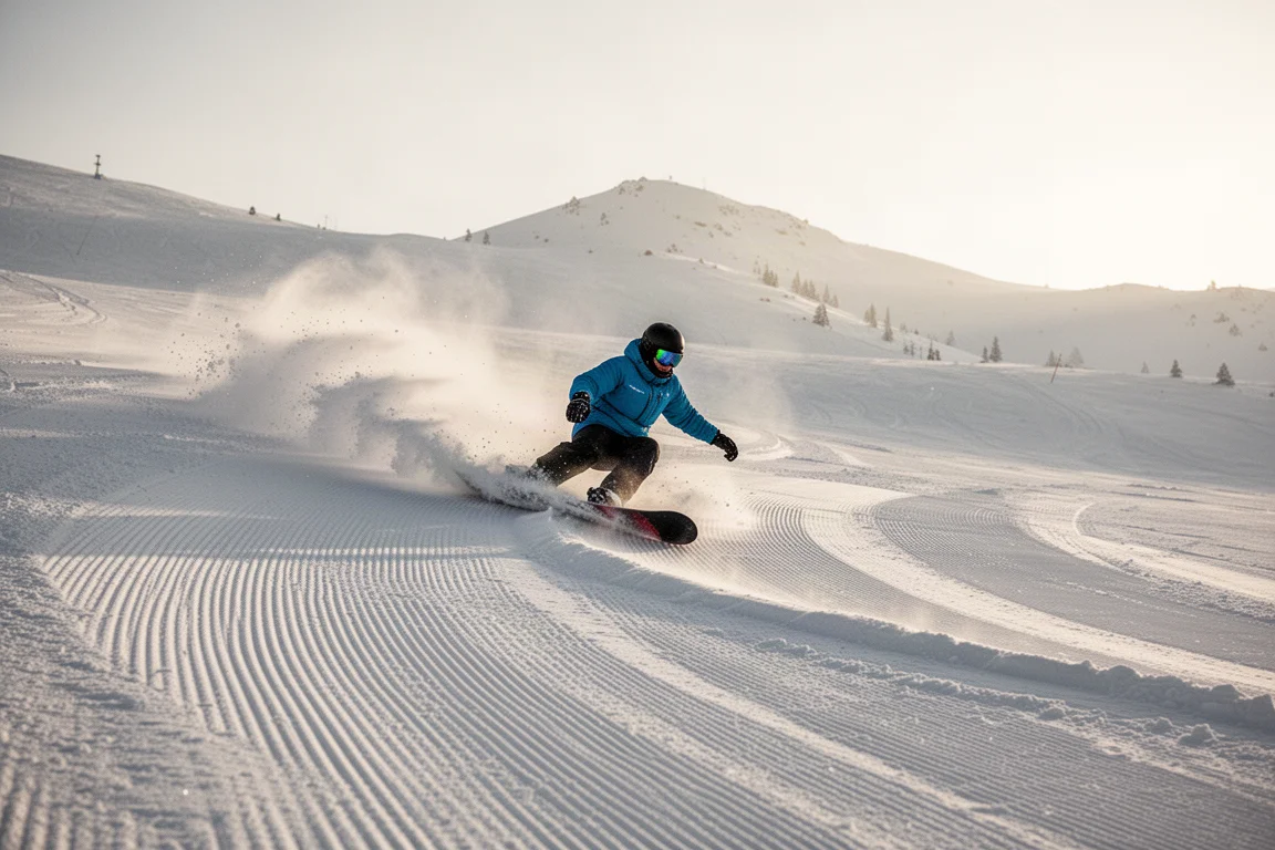 Snowboarder che esegue una profonda curva su una pista battuta