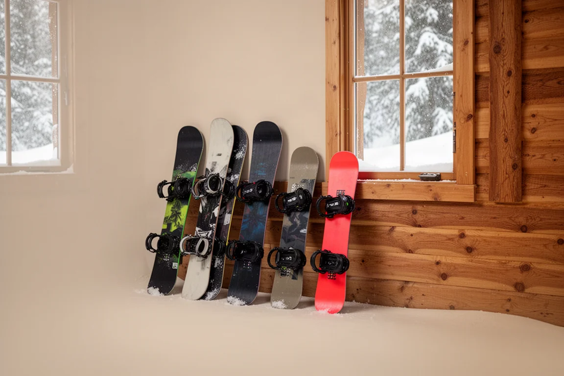 Quiver di snowboard disposto sul pavimento in legno di un rifugio