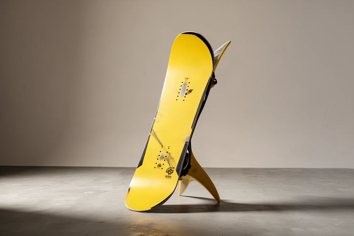 Snowboard Nitro Fin Twin con top sheet giallo e coda a pinna su una superficie di cemento