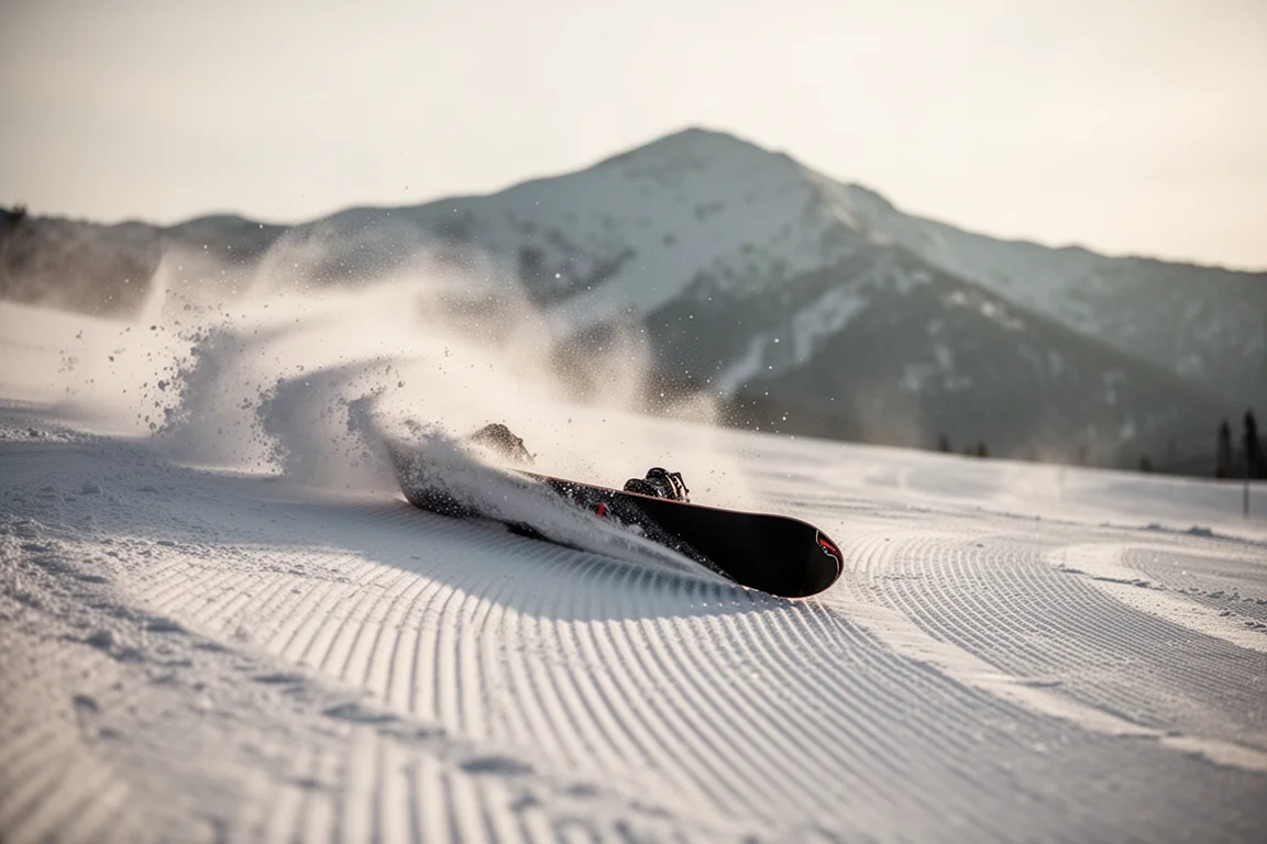 Snowboarder pressing the nose of the board on a low park feature