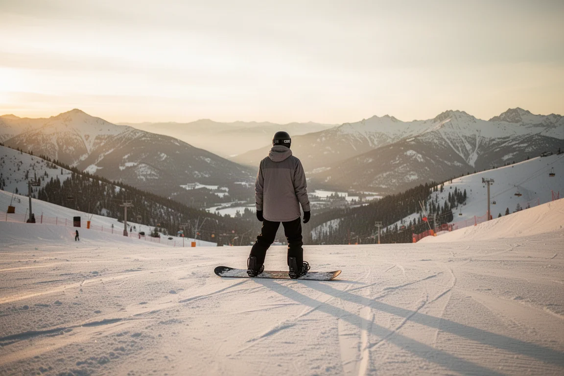 Snowboarder riding a relaxed traverse across mixed lower-mountain terrain