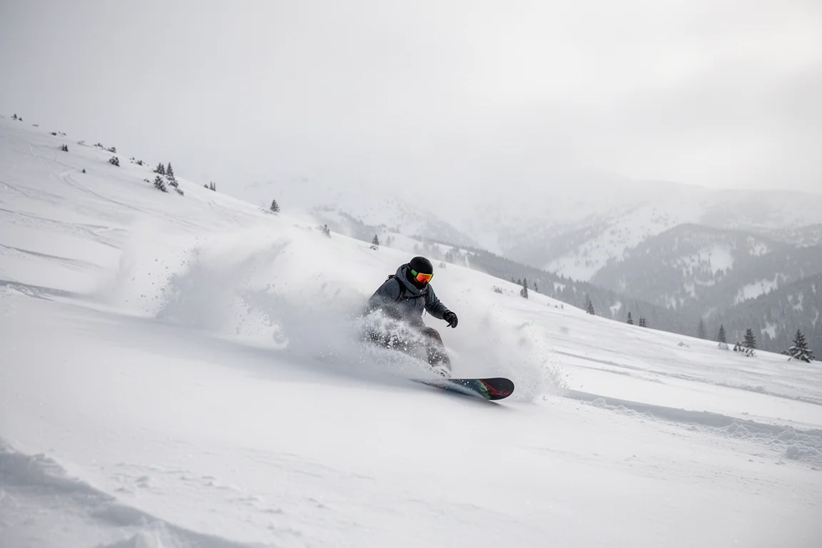 Snowboarder trazando curvas profundas sobre nieve polvo fresca en la ladera de una montaña