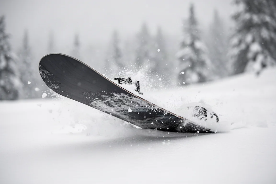 Primer plano del tail de una tabla de snowboard hundido en nieve polvo fresca durante una curva