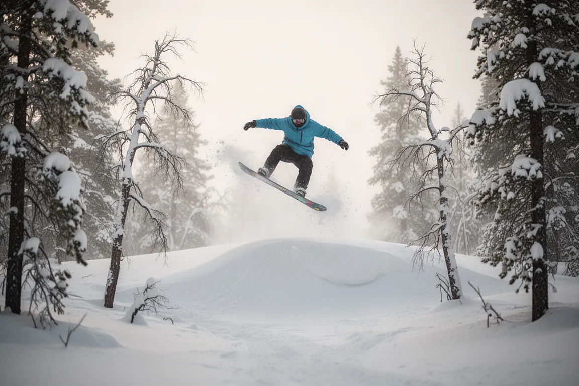 Snowboarder saltando desde un pequeño salto hacia la nieve en una pista rodeada de árboles