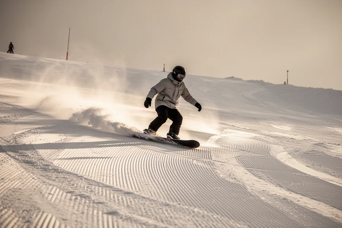 Snowboarder deslizándose a toda velocidad por una pista recién preparada con luz suave