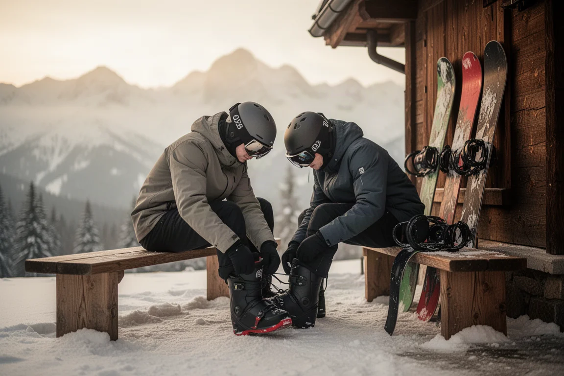 Snowboardzista regulujący dopasowanie buta na ławce w schronisku górskim przed jazdą