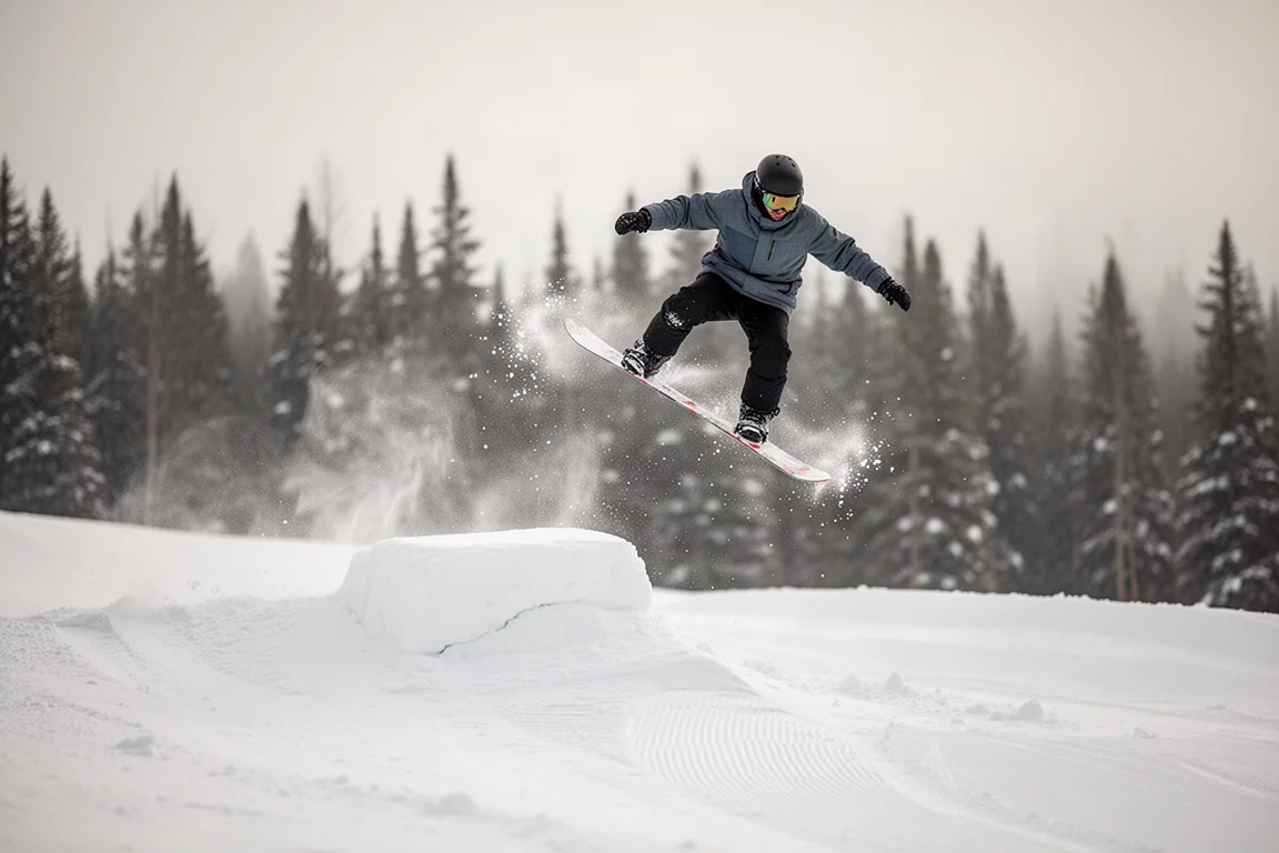 Snowboarder che spicca il volo da una piccola gobba di neve accanto alla pista battuta
