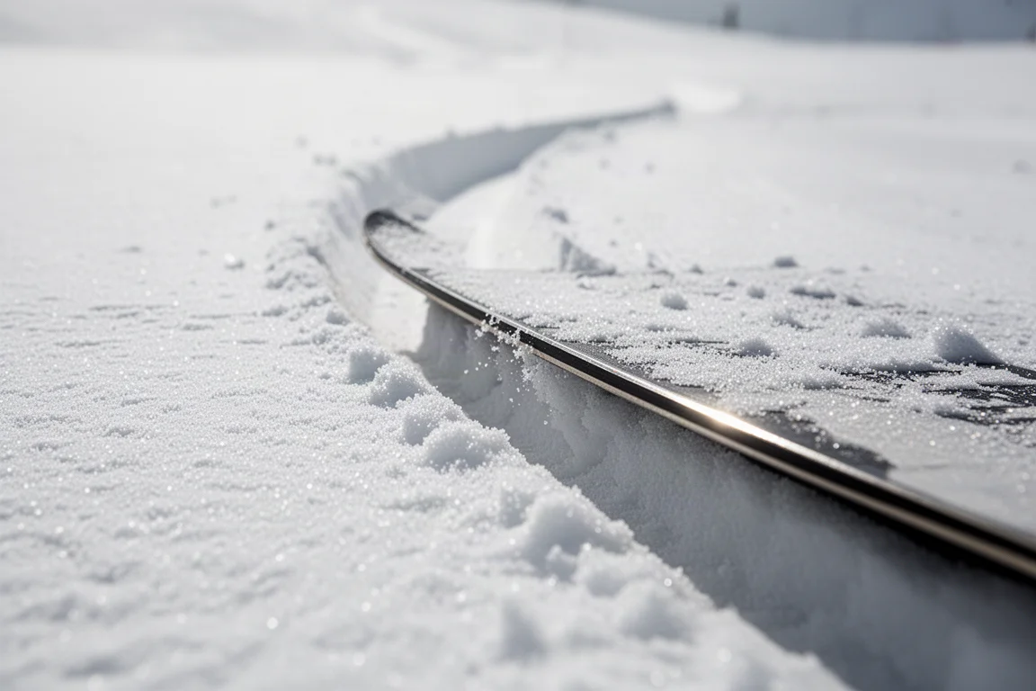 Dettaglio del canto di uno snowboard inciso nella neve compatta che lascia un solco profondo