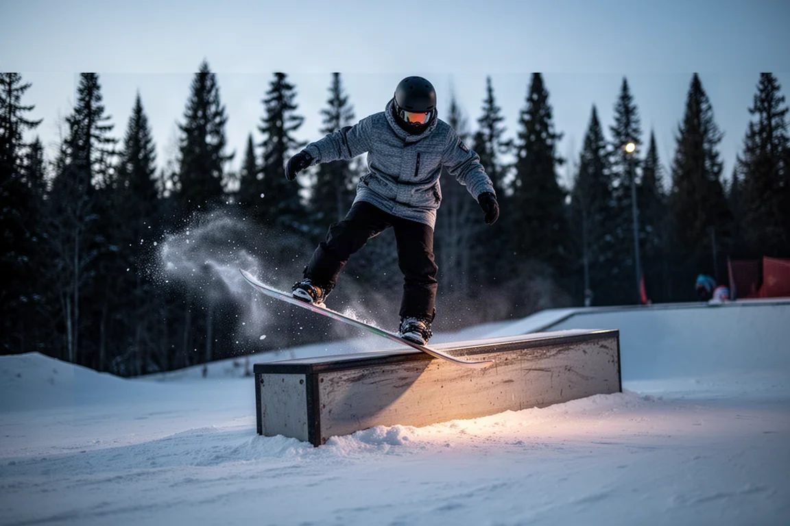 Snowboarder che esegue una press sulla coda del tavola su un box del park al tramonto