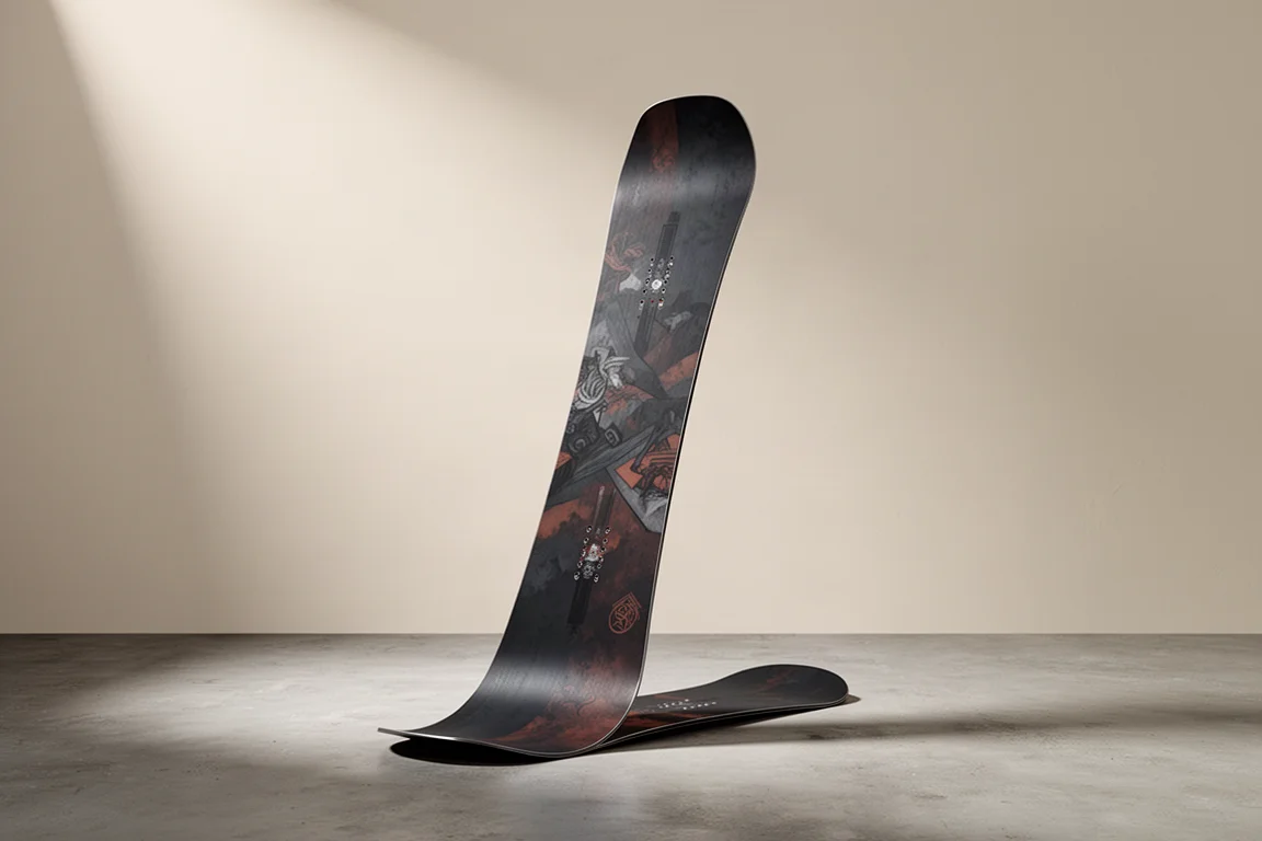 Asymmetrical freestyle snowboard standing upright on a matte concrete surface