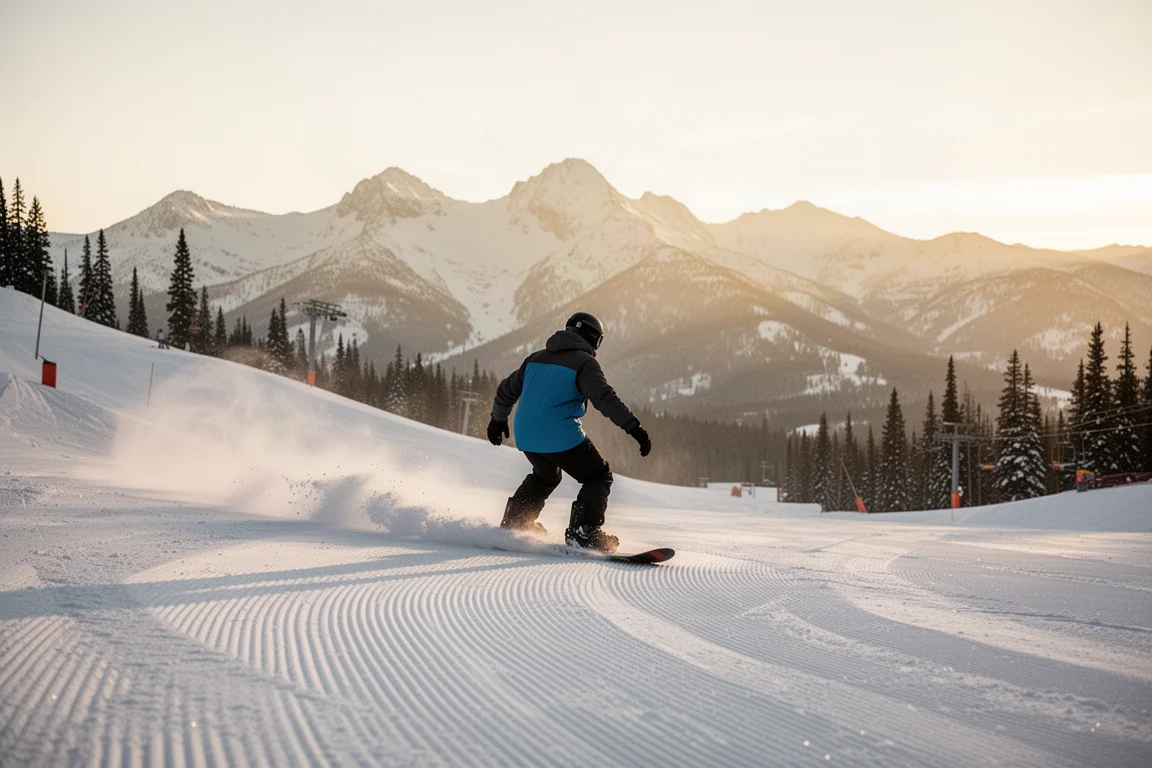 Snowboarder riding a groomed run on a sunny resort morning