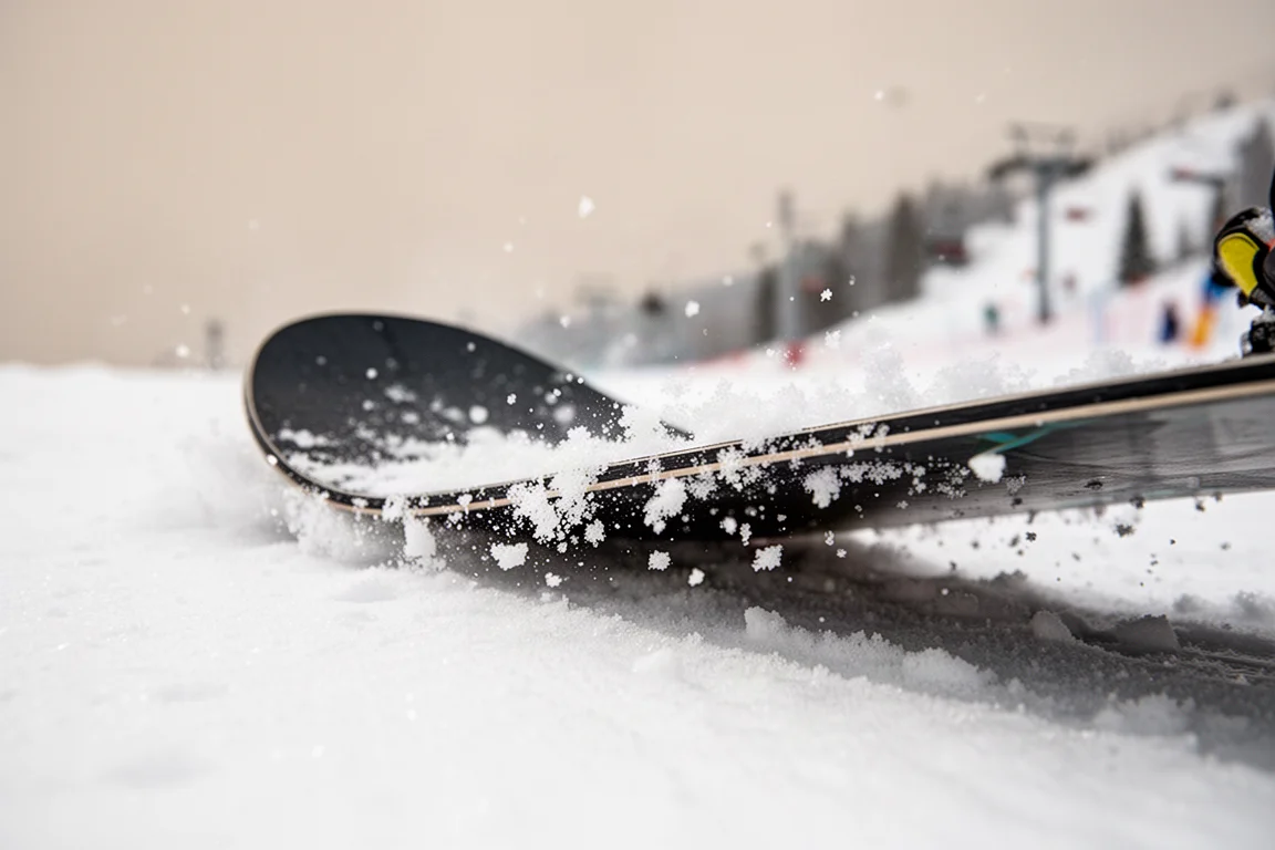 Close-up of a snowboard nose flexing on a pressed butter trick