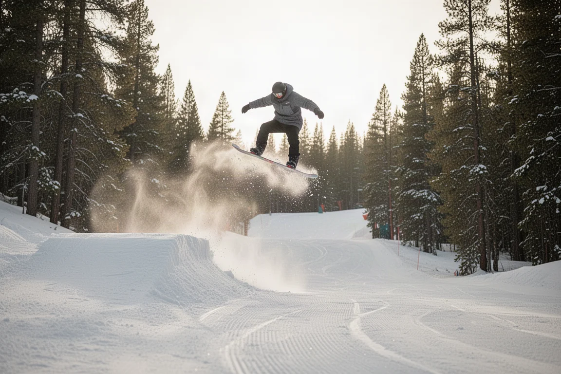 Snowboarder popping off a small side hit beside the trail
