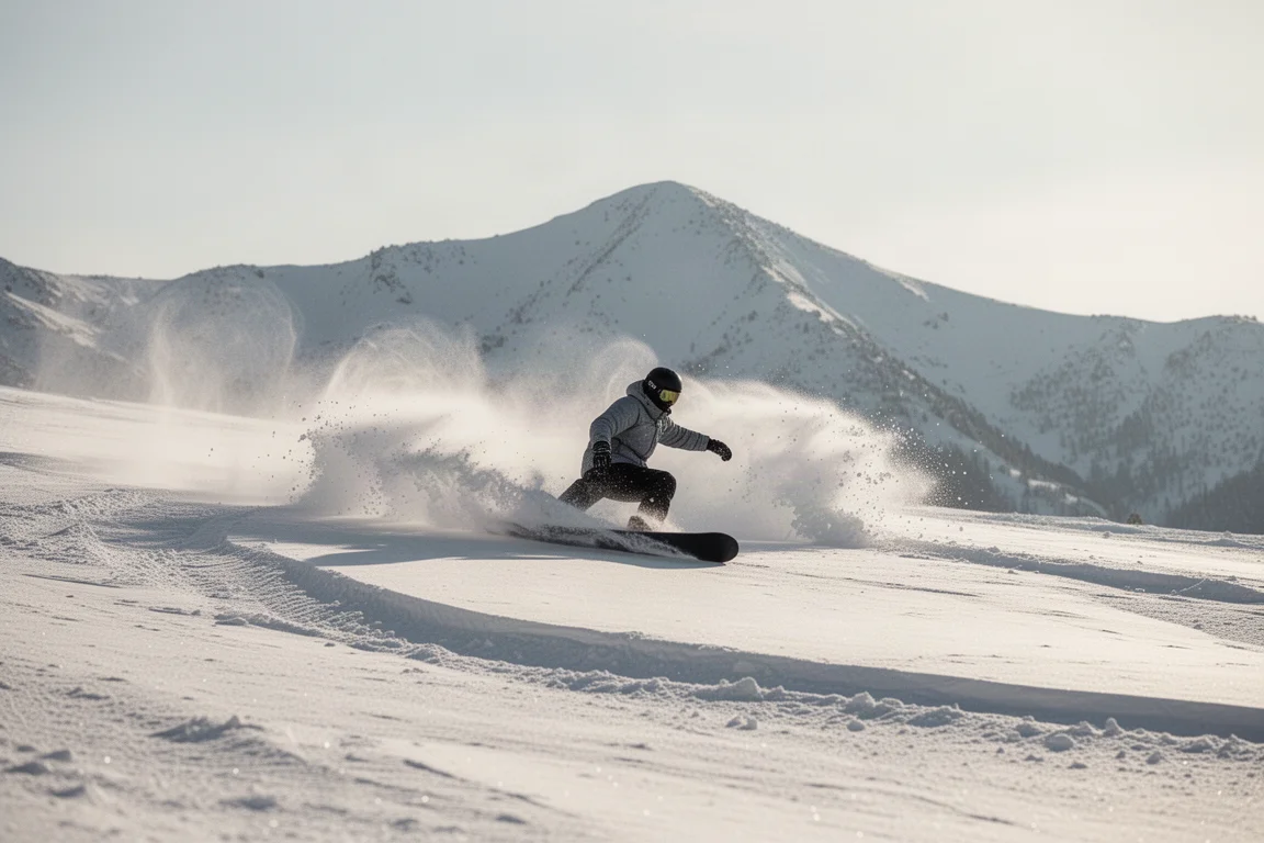 Snowboarder carving a large arc in soft snow