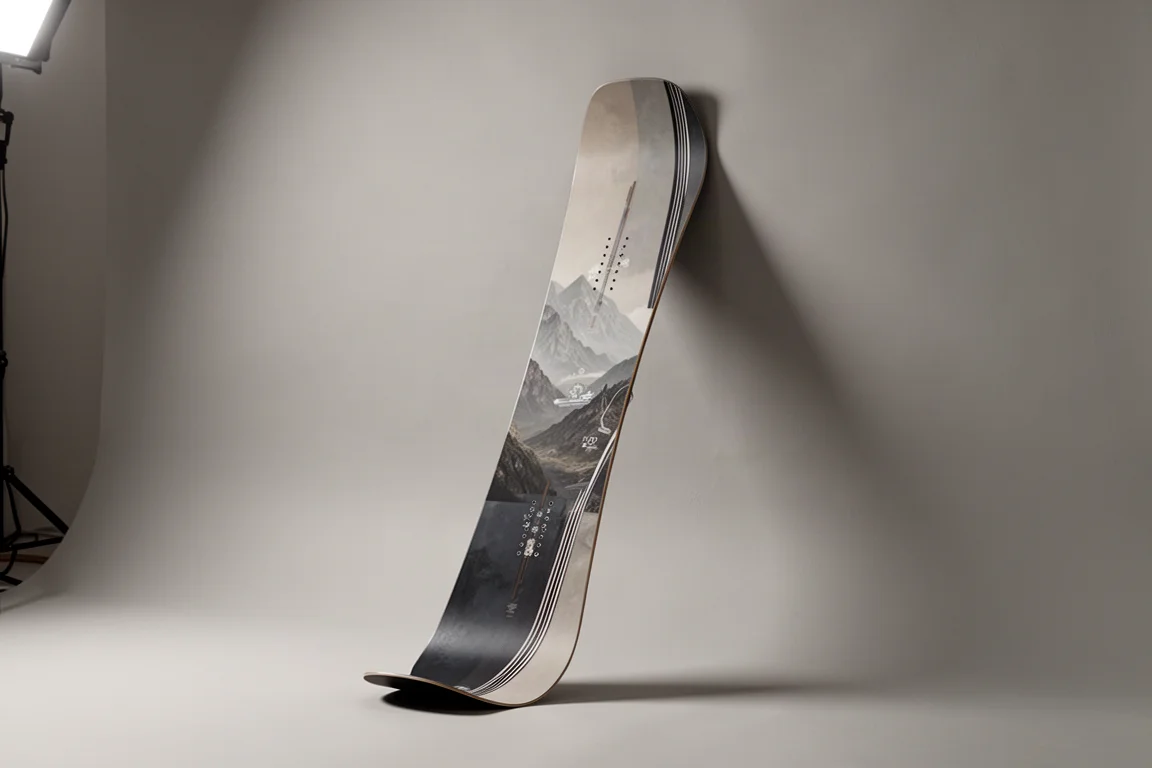 Nitro Optisym snowboard standing upright showing camber profile on grey backdrop