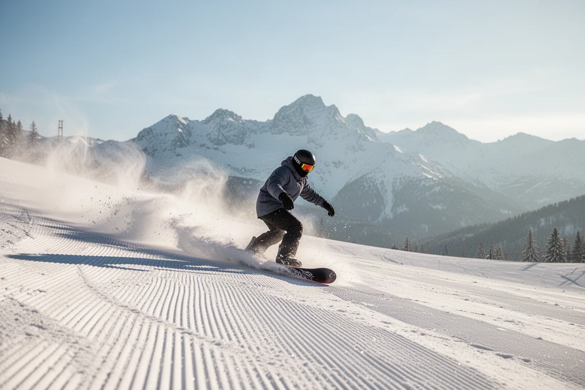 Snowboarder trazando curvas en pistas recién pisadas por la mañana en un día soleado