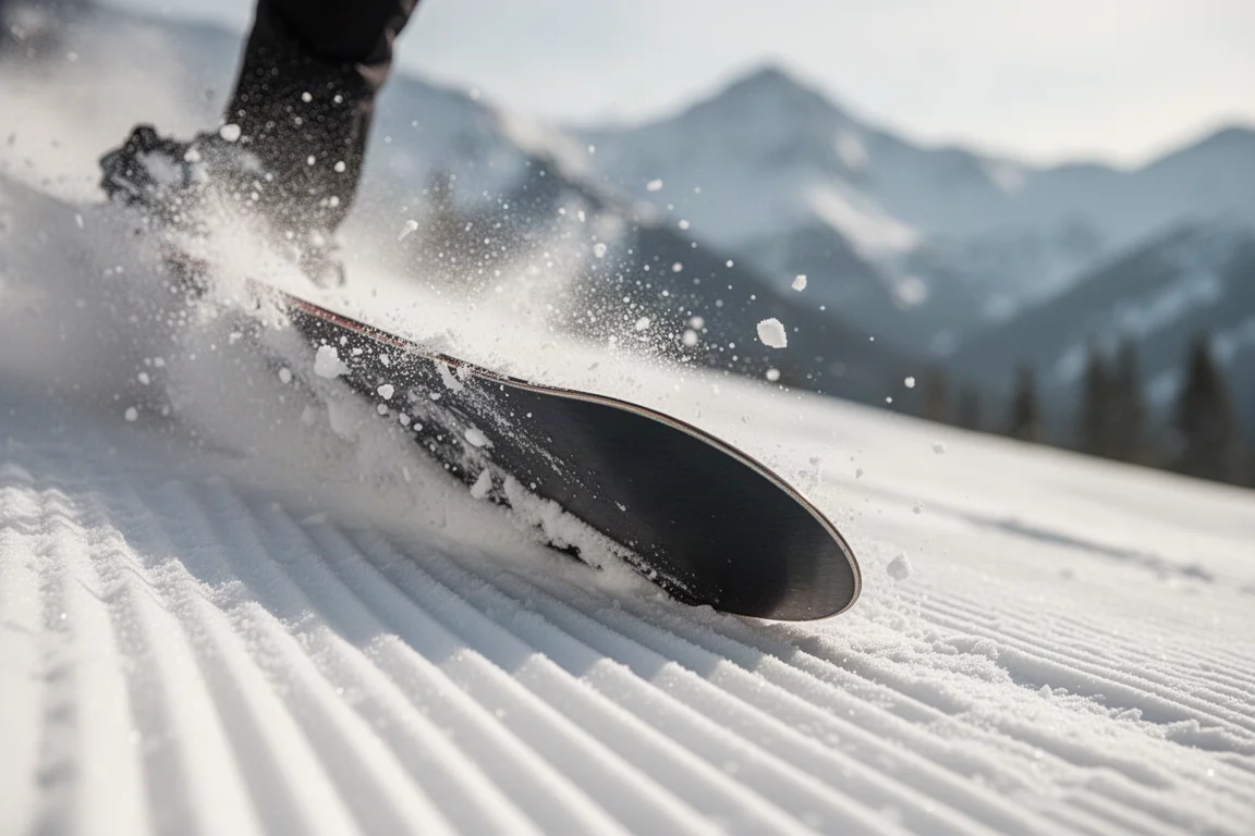 Primer plano del canto de una tabla de snowboard mordiendo en un giro sobre nieve compacta