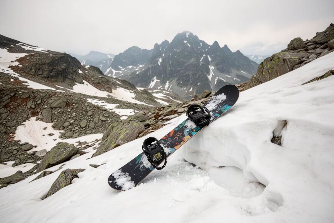 Tabla de snowboard apoyada en un campo de rocas nevadas en una ladera de montaña