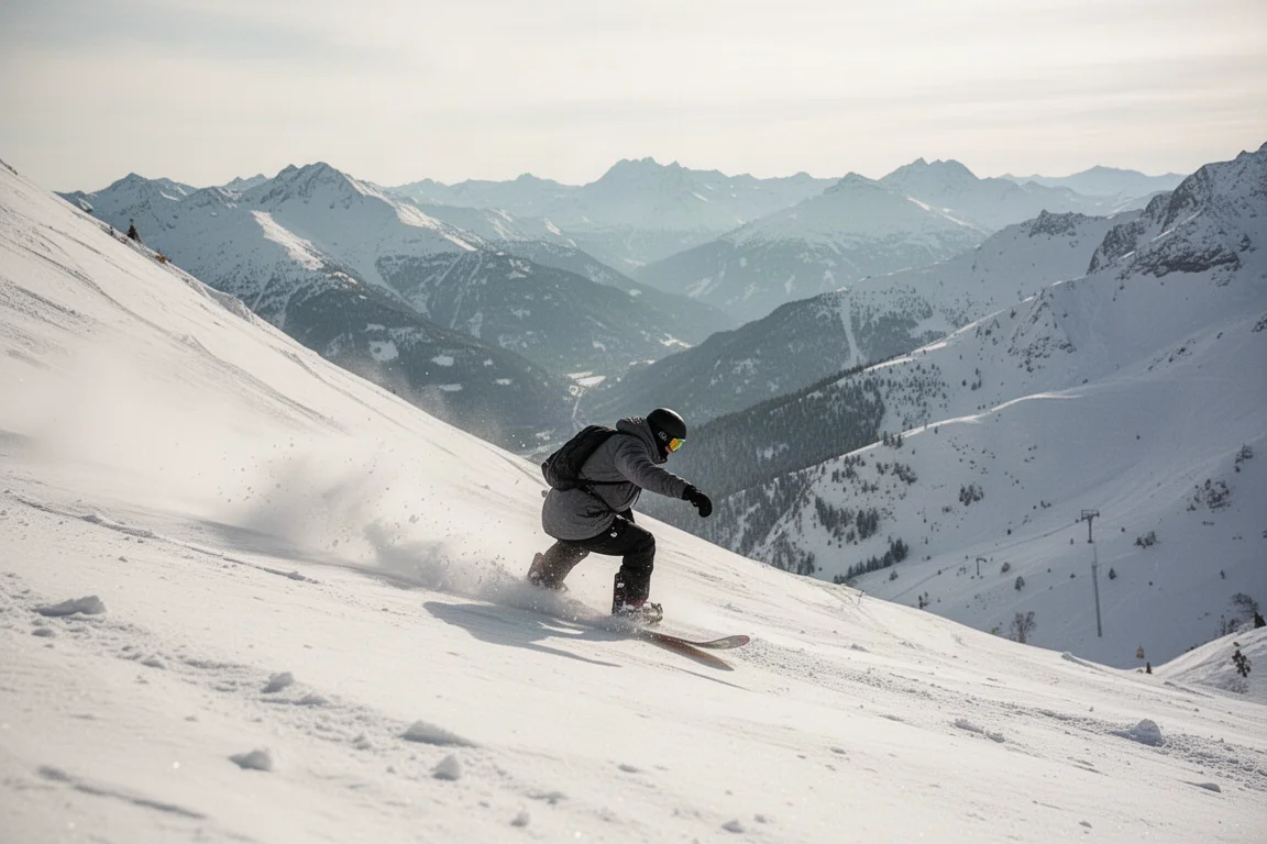 Snowboarder bajando a toda velocidad por una empinada cara de montaña abierta