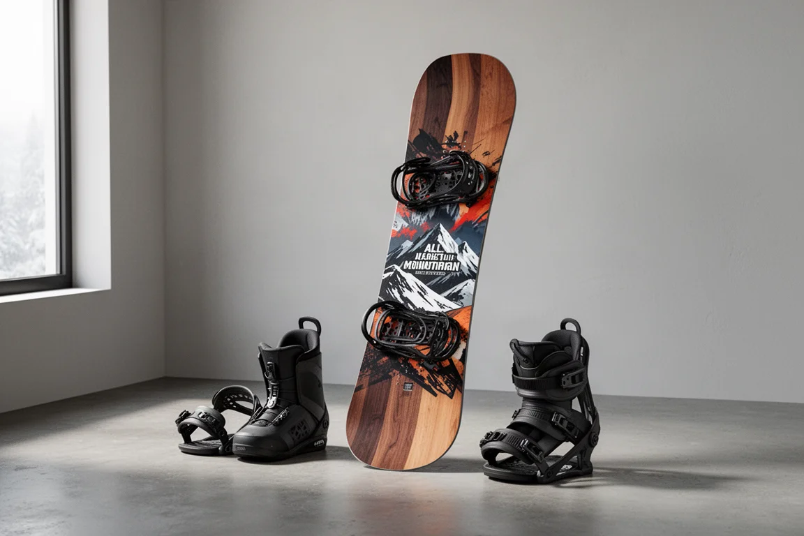 Nitro Pantera-snowboard stående upprätt med boots och bindningar bredvid