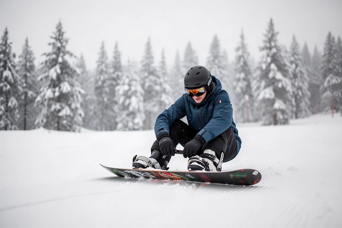 Rider che si allaccia agli attacchi da snowboard su una pista innevata