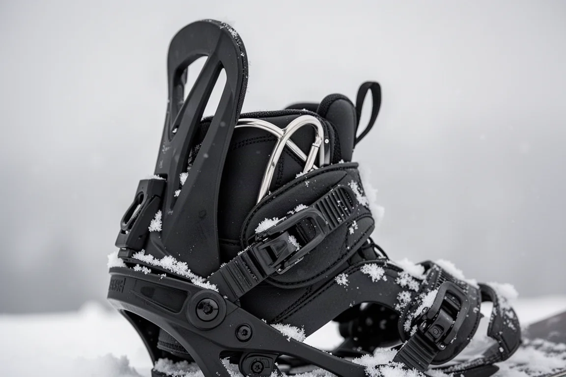 Close-up of a rider adjusting the highback and forward lean tab of a snowboard binding