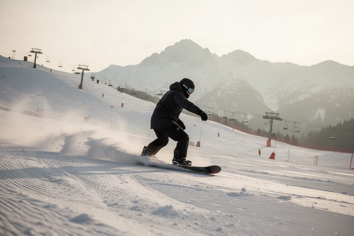 Snowboarder carving on firm morning snow at a ski resort